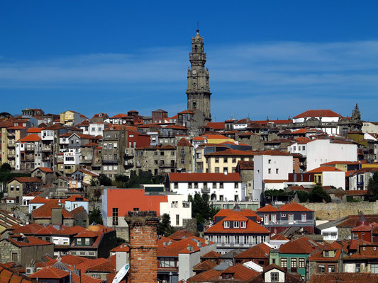 Häusermeer der Altstadt von Porto mit dem Torre dos Clérigos, dem 76 m hohen Glockenturm der Clérigos-Kirche, höchster Kirchenturm Portugals (1754-63)