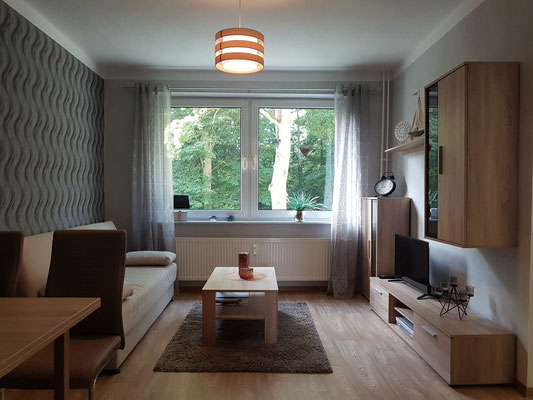 Neetzow, Renovierte Ferienwohnung "Am Schlosspark" in einem ehemaligen DDR-Mietshaus, Wohnzimmer