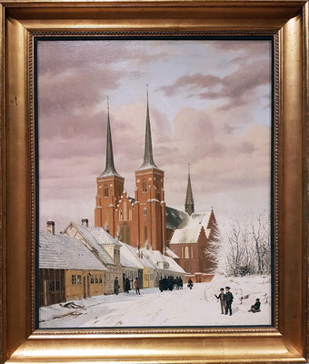 Jørgen Roed (1808-1888, DK): A Street in Roskilde with the Cathedral in the Background. Winter. 1836