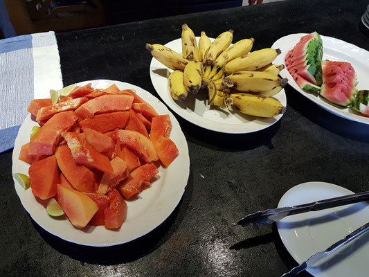 Breakfast Buffet: Papaya mit Limetten, Bananen, Melonen