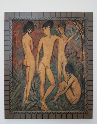 Otto Müller: Zwei Jünglinge und zwei Mädchen, Ei-Tempera auf Sackleinen, ca. 1917