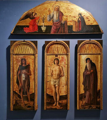 JACOPO BELLINI, GENTILE BELLINI, GIOVANNI BELLINI Trittico di San Sebastiano tra il Battista e Sant' Antonio abate nella lunetta  L'Eterno  l'Annunziazione , 1462-1464