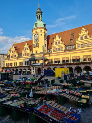 Marktstände am Freitag auf dem Markt von Leipzig, dahinter Stadtgeschichtliches Museum Leipzig  (Altes Rathaus)