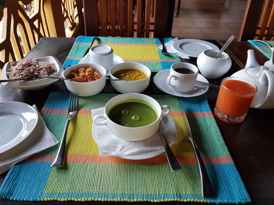 Am Tisch serviertes Breakfast: Kräutersuppe, Reis, Coconut Sambol, Linsen-Dal, schwarzer Tee mit Milch und Zucker, Papaya Juice ...