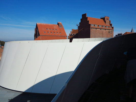 Blick vom Dach des Ozeaneums auf die Hafengebäude