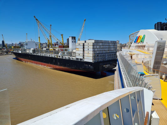 Containerfrachter und AIDAsol liegen nebeneinander im Hafen von Montevideo