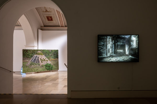 links: Oliver Westerbarkey: Die Lichtung rechts: Ben Goossens: hinterleuchtete Fotografie / Supernature, Galerie der Künstler München, 2021 Foto: Edward Beierle