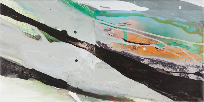 Monika Humm, Volcanism 20, Malerei in Mischtechnik auf Leinwand, 45 x 90 x 2 cm