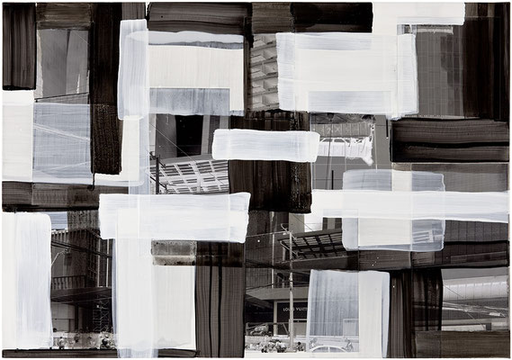 Monika Humm, global-men at work 23, 2015, MT auf Holz, 70x100x3,5cm