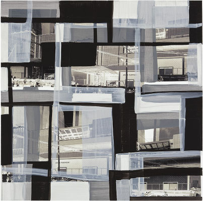 Monika Humm, Men at Work 17, Mischtechnik auf Holz, 80x80x3,5 cm. Foto: Georg Szabo Photography