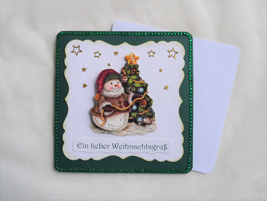 Weihnachtskarte Schneemann mit Tannenbaum dunkelgrün-weiß-gold (9)