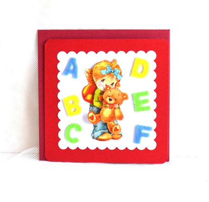 Glückwunschkarte zum Schulanfang Mädchen mit Bär rot-rot mit Filzbuchstaben A-F (4)