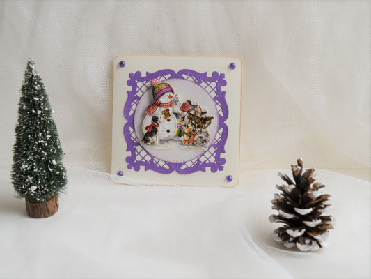 Weihnachtskarte Schneemann mit Hund weiß-lila (12)