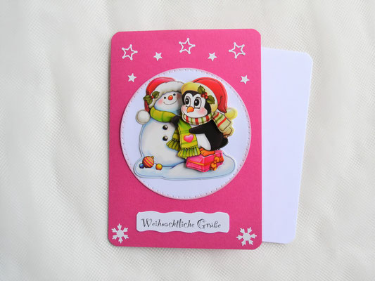 Weihnachtskarte Pinguin mit Schneemann pink-weiß-silber (1)
