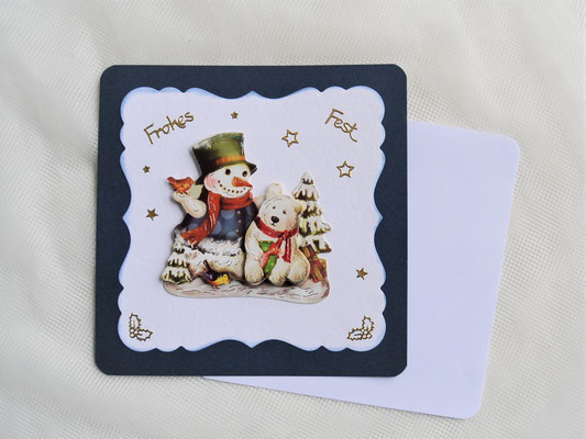 Weihnachtskarte Schneemann mit Eisbär dunkelblau-weiß-gold (3)