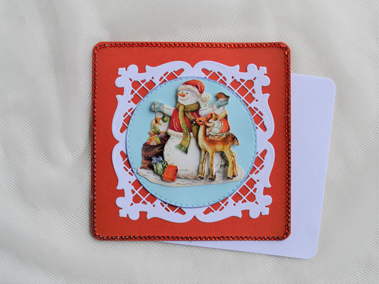 Weihnachtskarte Schneemann mit Reh rot-hellblau-weiß (11)