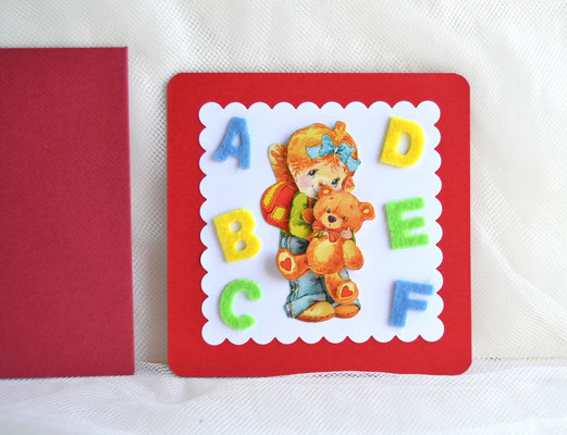 Glückwunschkarte zum Schulanfang Mädchen mit Bär rot-rot mit Filzbuchstaben A-F (4)