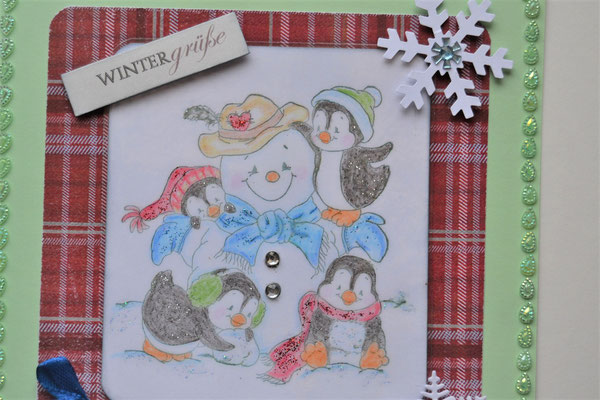 Weihnachtskarte Schneemann mit Pinguinen grün-rot-bunt (1) "Wintergrüße"