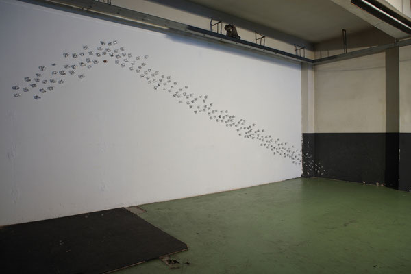  Butterfly Effects, 2008, silver enamel on paper, 210 elements, ASSAB ONE, Milano, photo Agostino Osio