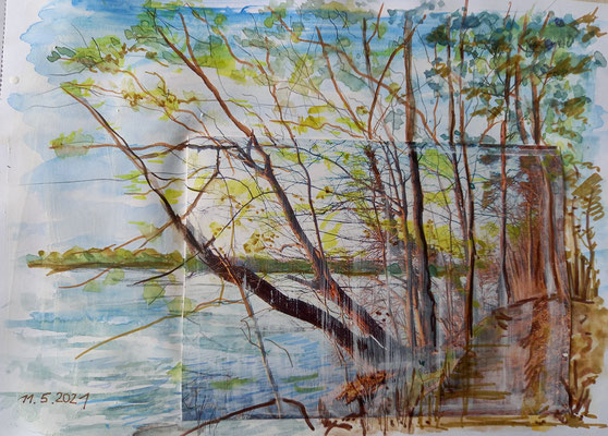 Am Kalksee, Aquarell mit Collage