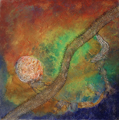 " Feuerball ", Acryl auf Leinwand 70 x 70 cm, Baumwolltuch, Alufolie, teilweise Leinwand verrostet