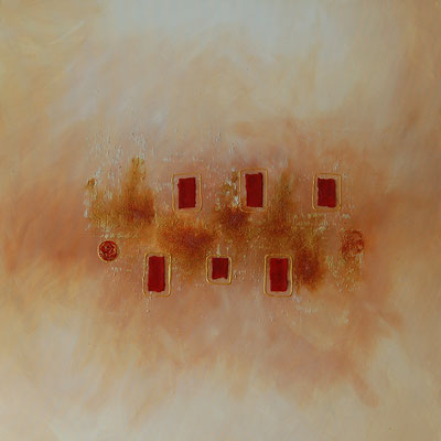 "Gerahmt", Acryl auf Leinwand, 80 x 80 cm, gespachtelt, handgeschöpftest Büttenpapier, Kronenkorken