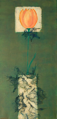 " Goldene Vase ", Acryl auf Leinwand 30 x 60 cm, Büttenpapier vergoldet, Baumwolltuch    
