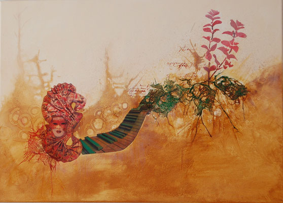 " Symbiose " Acryl auf Leinwand 70 x 50 cm Baumwolle und Papier ( verkauft)