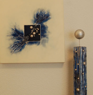 " Kugeln ", Acryl auf XL-Leinwand, 40 x 40 cm, Dekosäule aus Massivholz ca. 40 cm hoch