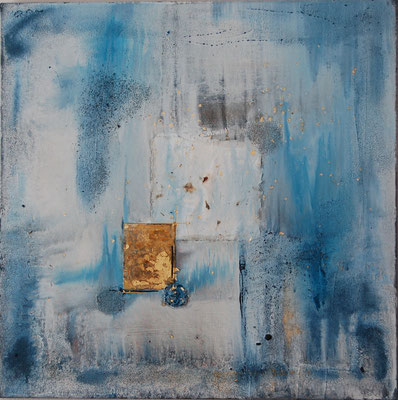 " Meerestiefe " Acryl auf Leinwand 80 x 80 cm Büttenpapier mit Blumen, Sand aus Venedig, Eisenplatte vergoldet
