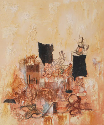 " Dame mit Hut und Buch ", Collage auf Leinwand, 50 x 60 cm, Acrylfarben, Stoff, Buchseiten und Büttenpapier