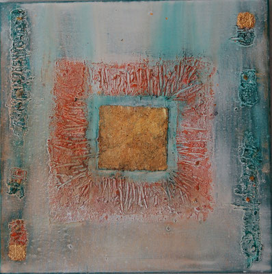 " Harmonie " Acryl auf Leinwand 60 x 60 cm  Büttenpapier vergoldet, Sand und Muschelkalk aus Norderney