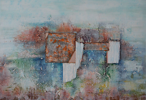 "Material Mix", Acryl auf Leinwand, 100 x 70 cm, gespachtelt, Torchon-Papier, Eisenplatte verrostet (verkauft)