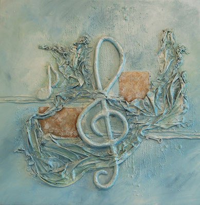 " Der Schlüssel zur Musik ", Acryl auf Leinwand 70 x 70 cm, Stoff, Eisenplatten, light Knete