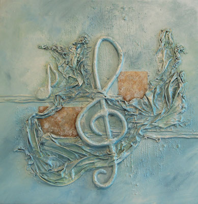" Der Schlüssel zur Musik ", Acryl auf Leinwand 70 x 70 cm, Stoff, Eisenplatten, light Knete
