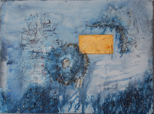 " Die verborgene Kraft" Acryl auf Leinwand 80 x 60 cm Jute, Sand aus Oostkapelle mit Muschelkalk, Eisenplatte vergoldet (verkauft)