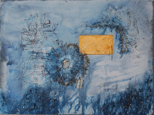 " Die verborgene Kraft" Acryl auf Leinwand 80 x 60 cm Jute, Sand aus Oostkapelle mit Muschelkalk, Eisenplatte vergoldet (verkauft)