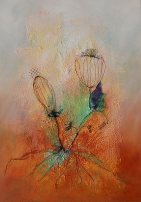 "Wunschblumen", Acryl auf Leinwand 50 x 70 cm, Hanf, Büttenpapier und Draht