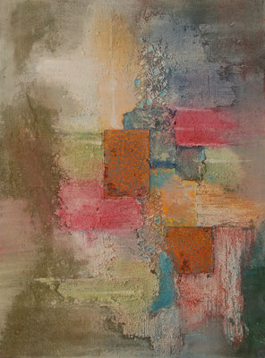 " Pastell abstrakt ", Acryl auf Leinwand, 60 x 80 cm, Büttenpapier, Stoff und Eisenplatten  (verkauft)