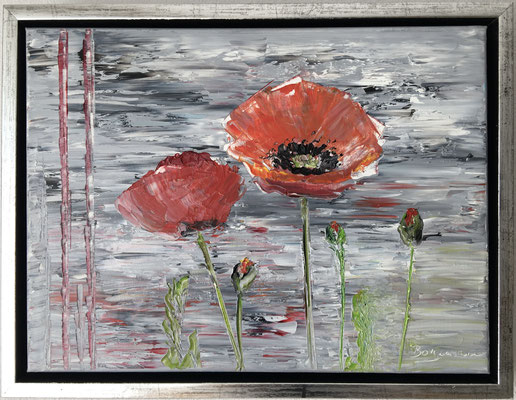 "Mohnblumen", Öl auf Leinwand, 30 x 40 cm, gespachtelt mit Rahmen
