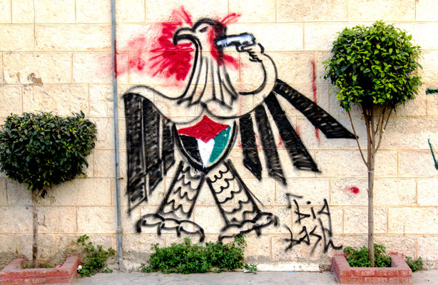 Figure 1 An eagle, a symbol of the Palestinian Authority, commits suicide on a wall near the center of Ramallah. The artist, whose tag is Bash, is anonymous for good reasons. March 2014