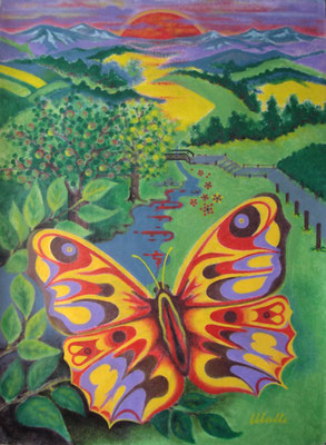 Schmetterling vor Abendrot I Öl auf Karton - 70 x 100 cm