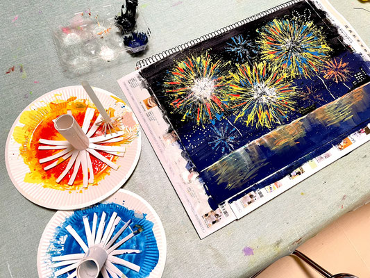 アクリル絵具　トイレットペーパー芯で花火（セブンカルチャークラブ鳳・八尾/2024年4月～/こども絵画教室/♯PR）