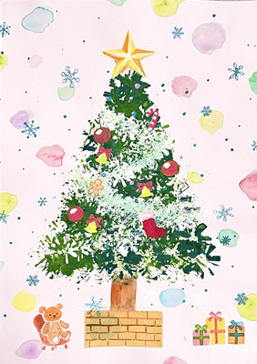 水彩絵具　ストローでスタンピング　クリスマスツリーを描こう！