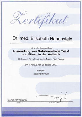 Teilnahme an der Masterclass: Anwendung von Botulinumtoxin Typ A und Fillern in der Ästhetik