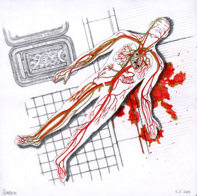 Directo al corazón. Lápiz, tinta china y yodopovidona sobre papel. 21.4 cm X 21.4 cm. 2005.