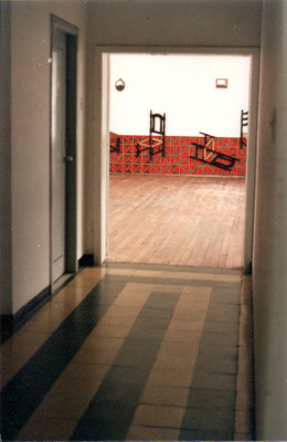 "Aún todavía. Un mobiliario paradójico". Ensamblaje con polvo, tapete plástico, marcos de madera y bronce y muebles intervenidos. 2004