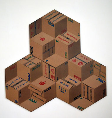 "Este lado arriba" Pintura laca sobre cartón corrugado en lamina de MDF. Tres módulos de 69 cm X 60 cm. 2016