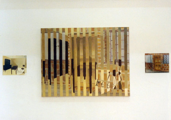 Interior con lampara caida + Puerta y fachada. Acrílico, óleo y cinta adhesiva sobre lienzo. 70 cm X 90 cm. 2001
