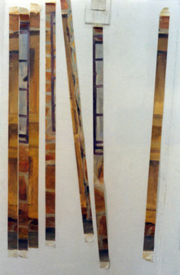 Interior con lampara caida + Puerta y fachada. Acrílico, óleo y cinta adhesiva sobre lienzo. 70 cm X 90 cm. 2001